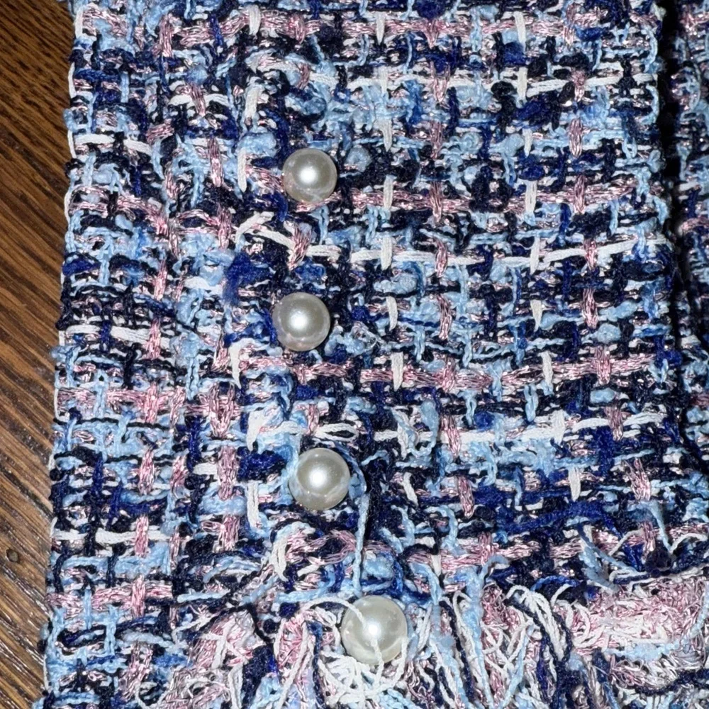 Zara Tweed Crop Top S Blue Pink Multi Off Shoulder Pearl Button Preppy Coquette